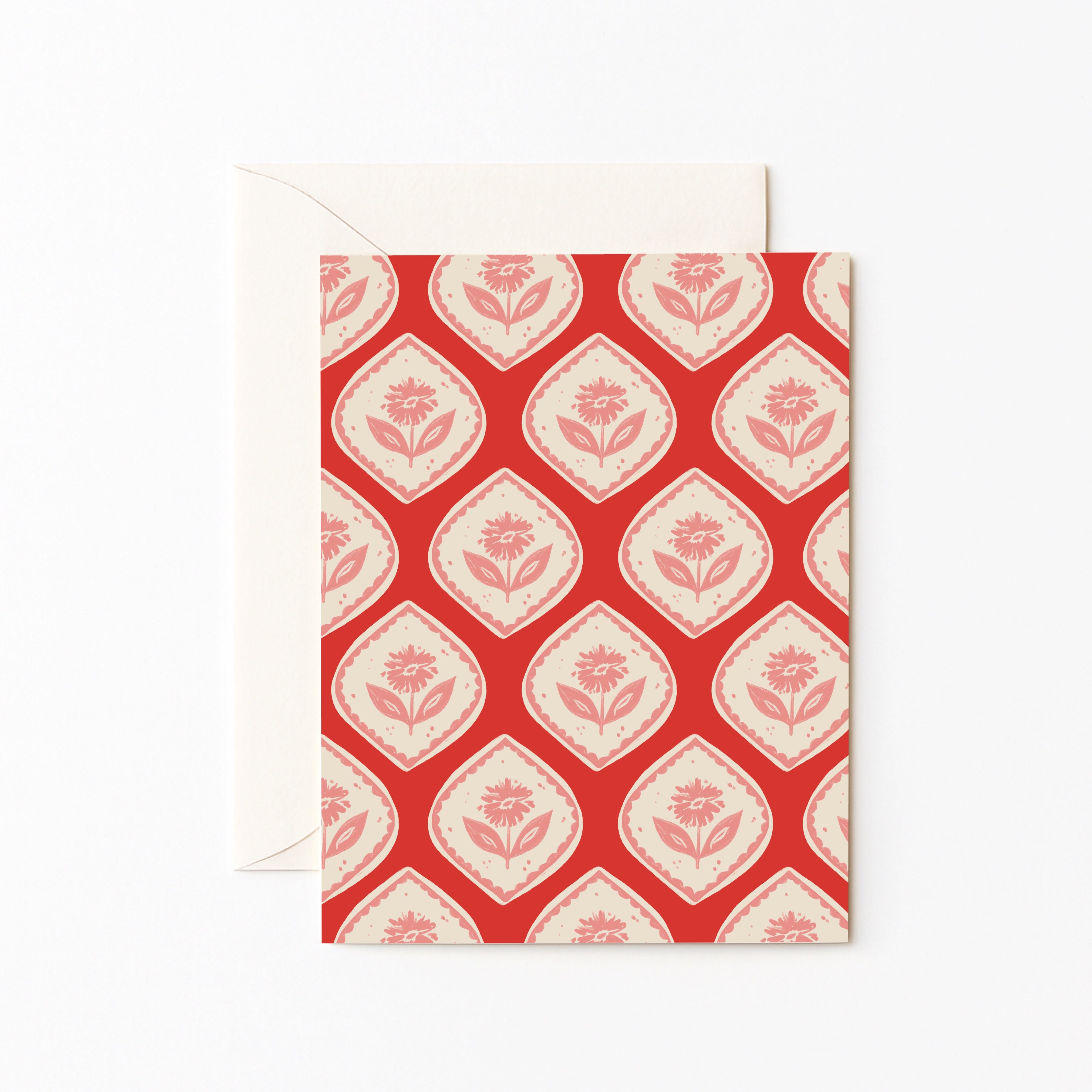 Red Floral Block Print Card